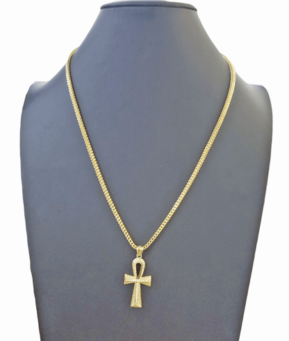 10K Gold Ankh Cross Egyptian Symbol Pendant Charm 4mm Franco Chain 22 Inch - Reva Jeweler