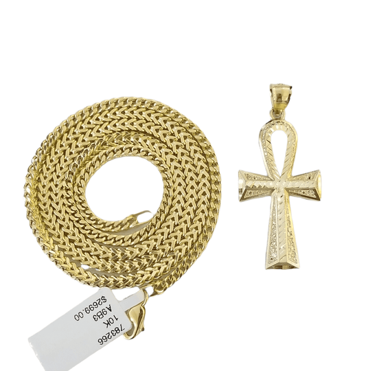 10K Gold Ankh Cross Egyptian Symbol Pendant Charm 4mm Franco Chain 22 Inch - Reva Jeweler