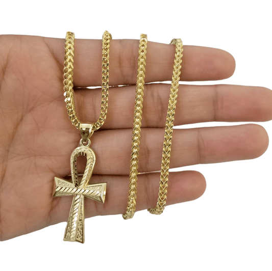 10K Gold Ankh Cross Egyptian Symbol Pendant Charm 4mm Franco Chain 22 Inch - Reva Jeweler