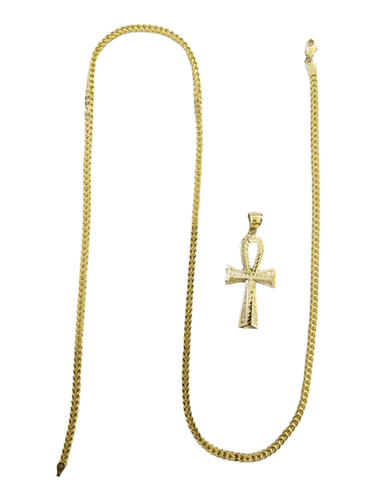 10K Gold Ankh Cross Egyptian Symbol Pendant Charm 4mm Franco Chain 22 Inch - Reva Jeweler