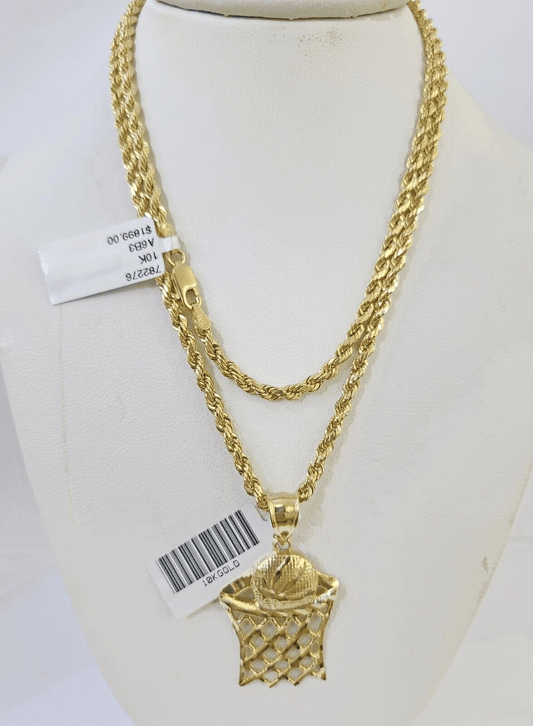 10k Gold Basketball Goal Pendant Rope Chain 3mm 18'' Necklace Set Yellow Genuine - Reva Jeweler