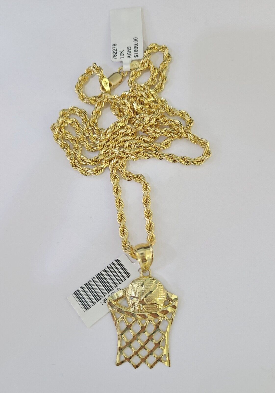 10k Gold Basketball Goal Pendant Rope Chain 3mm 22'' Necklace Set Yellow Genuine - Reva Jeweler