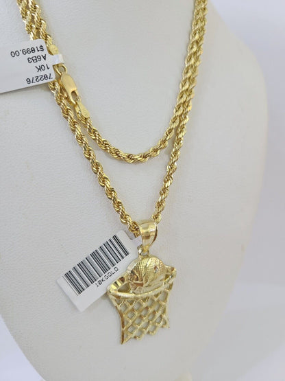 10k Gold Basketball Goal Pendant Rope Chain 3mm 26'' Necklace Set Yellow Genuine - Reva Jeweler