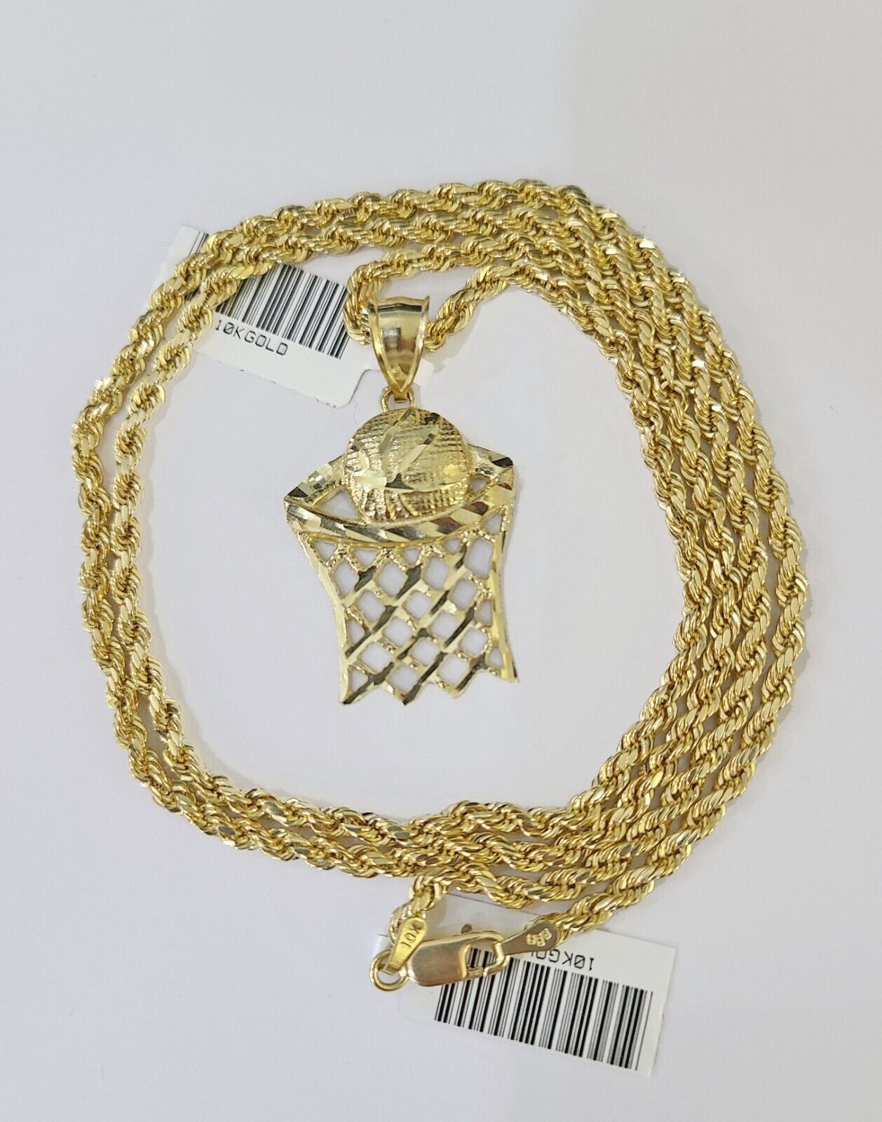10k Gold Basketball Goal Pendant Rope Chain 3mm 26'' Necklace Set Yellow Genuine - Reva Jeweler