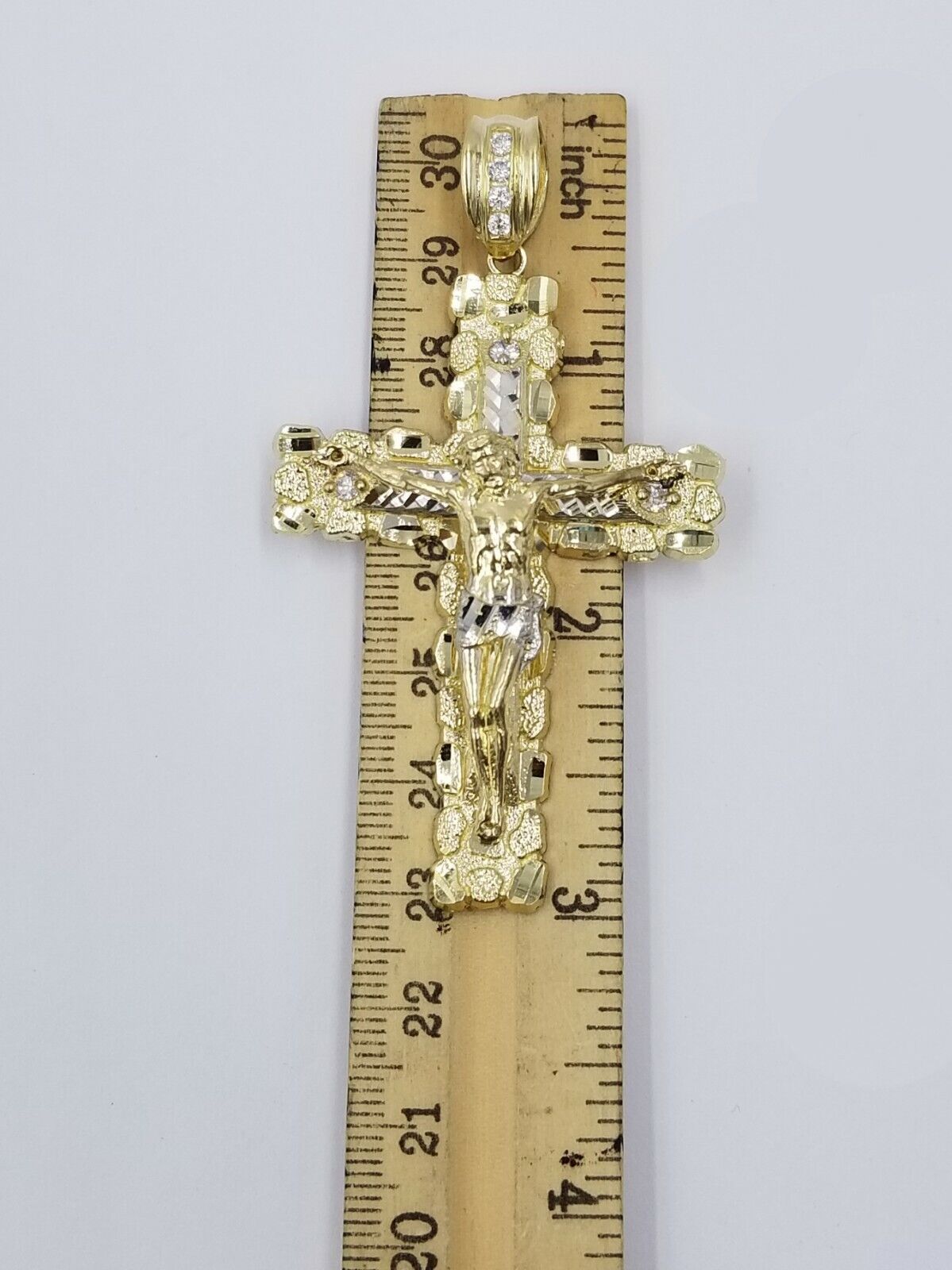 10k Gold Byzantine 24" Necklace Jesus Nugget Cross Pendant 3" Charm 5mm Chain - Reva Jeweler