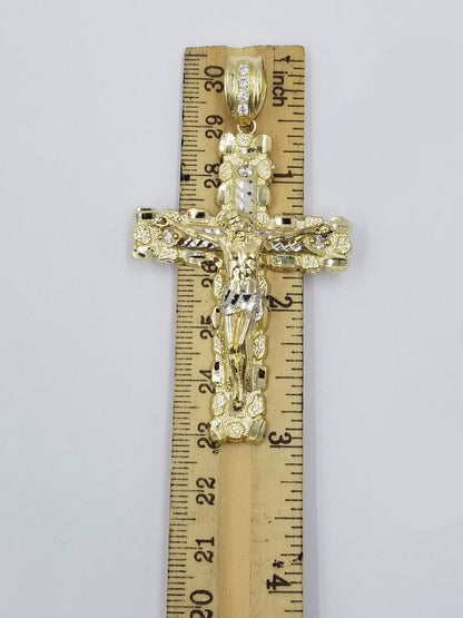10k Gold Byzantine 24" Necklace Jesus Nugget Cross Pendant 3" Charm 5mm Chain - Reva Jeweler