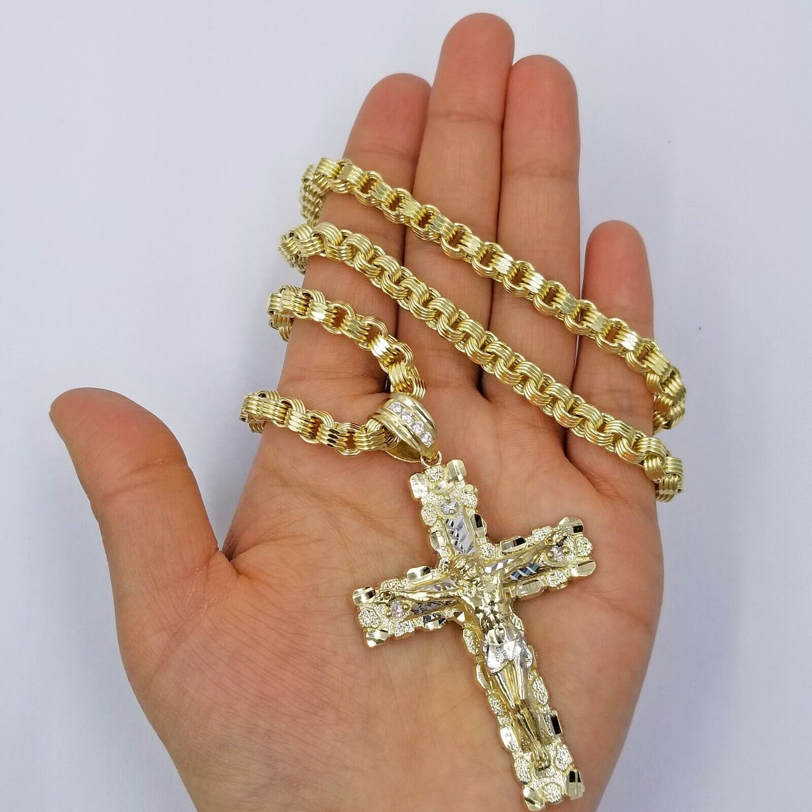 10k Gold Byzantine 24" Necklace Jesus Nugget Cross Pendant 3" Charm 5mm Chain - Reva Jeweler