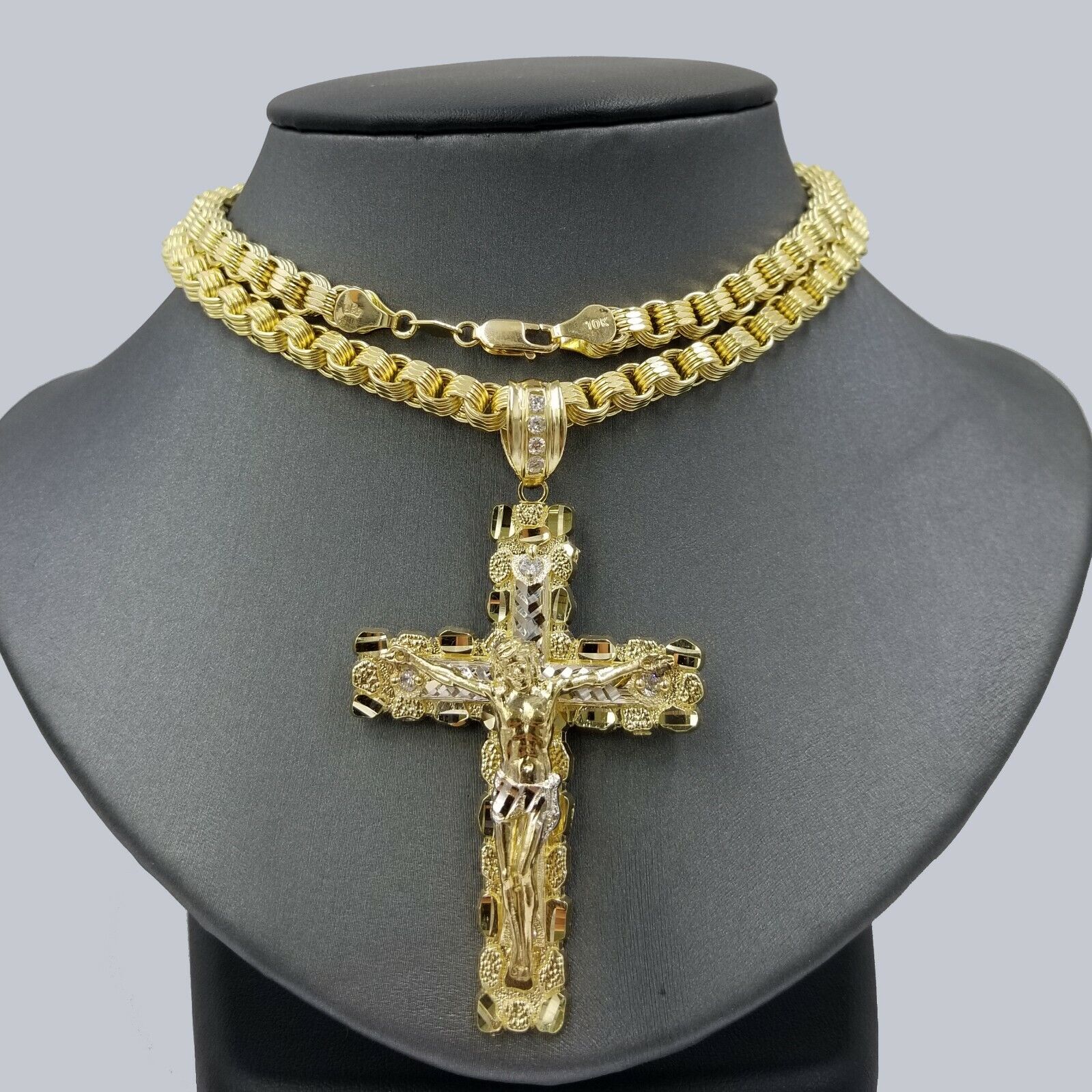 10k Gold Byzantine 24" Necklace Jesus Nugget Cross Pendant 3" Charm 5mm Chain - Reva Jeweler