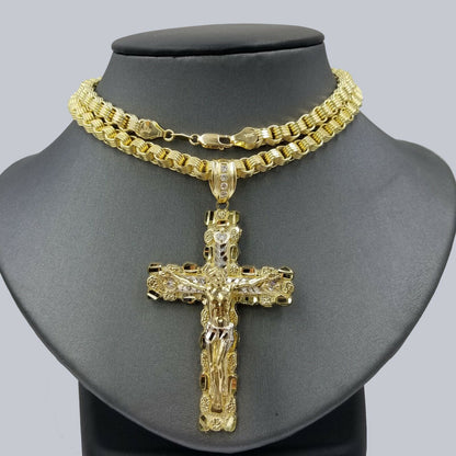10k Gold Byzantine 24" Necklace Jesus Nugget Cross Pendant 3" Charm 5mm Chain - Reva Jeweler