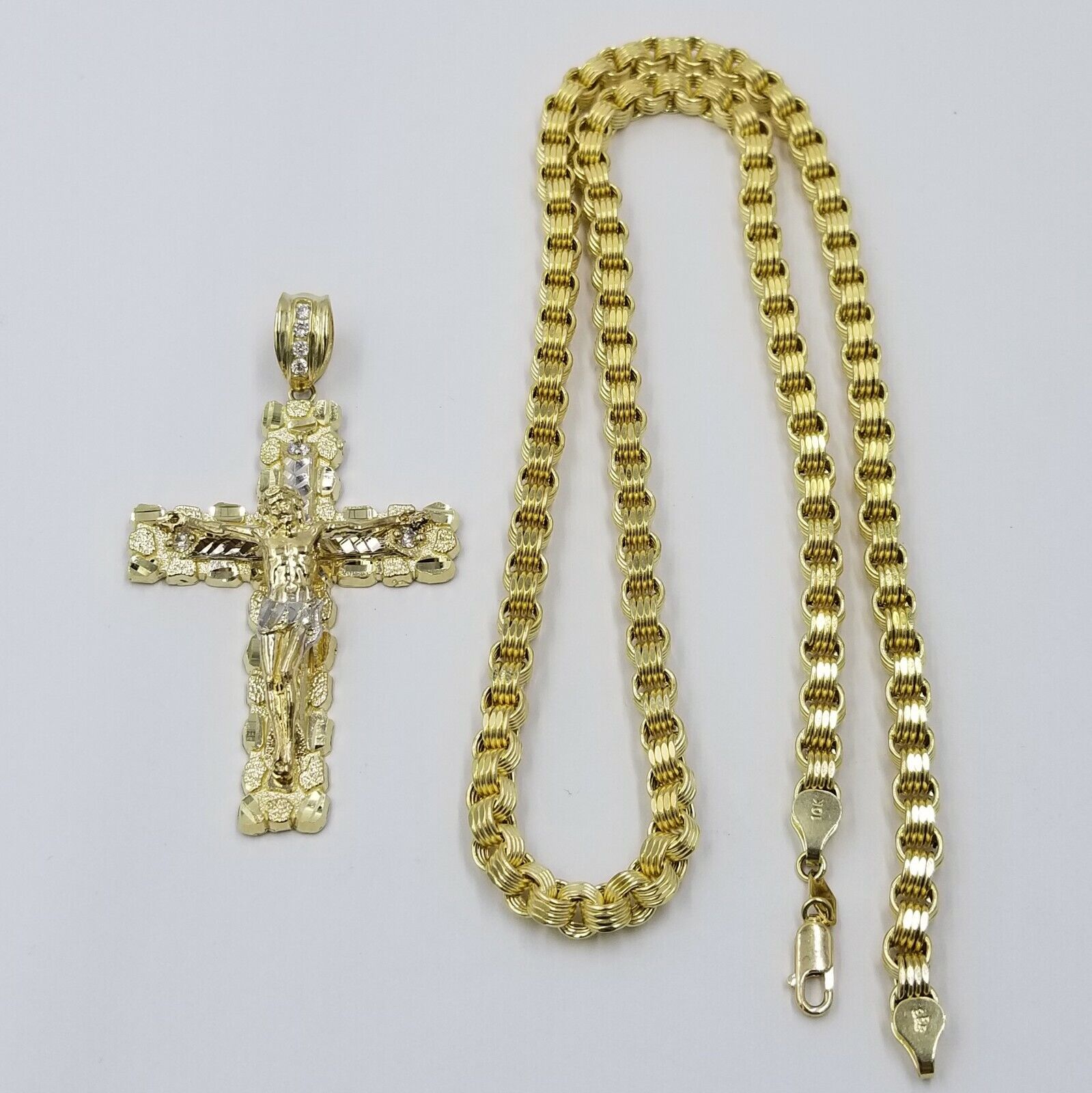 10k Gold Byzantine 24" Necklace Jesus Nugget Cross Pendant 3" Charm 5mm Chain - Reva Jeweler
