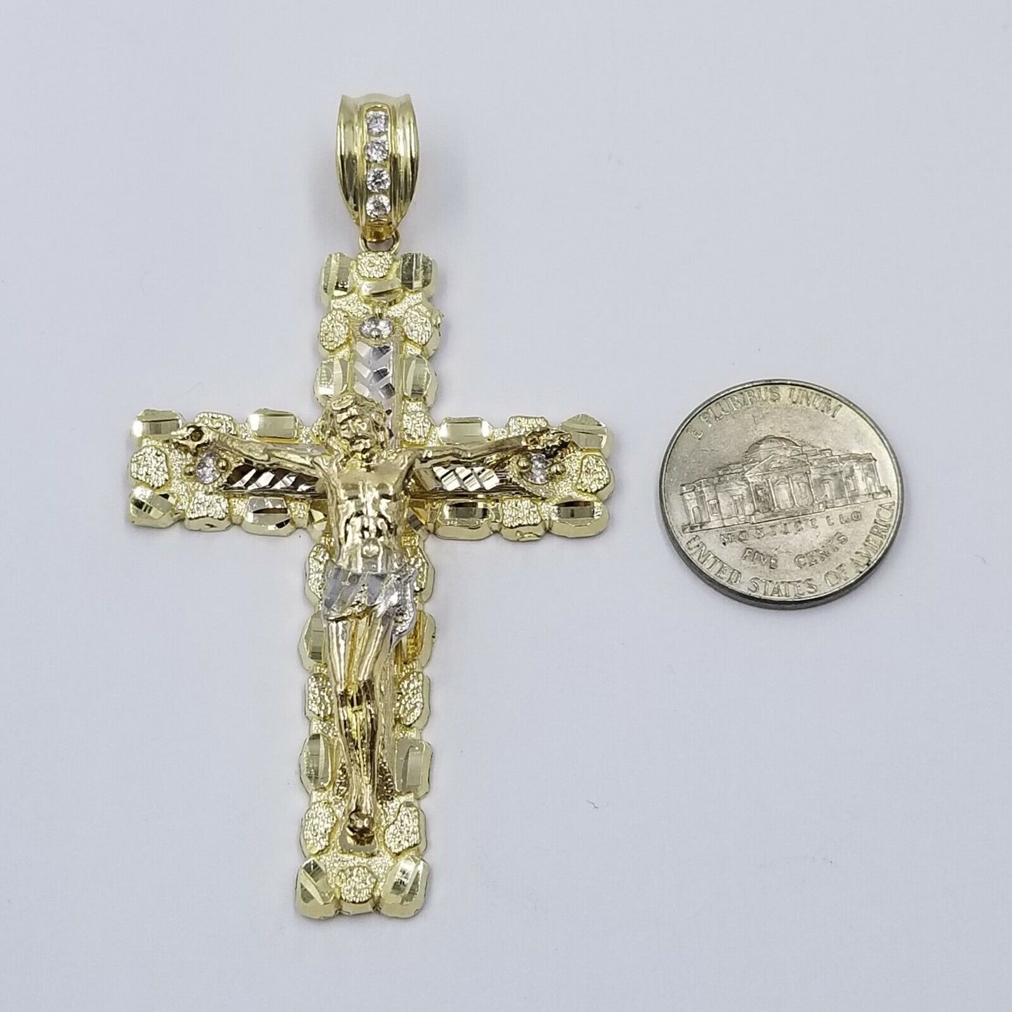 10k Gold Byzantine 24" Necklace Jesus Nugget Cross Pendant 3" Charm 5mm Chain - Reva Jeweler