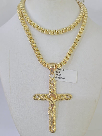 10k Gold Byzantine Box Necklace Jesus Cross Charm 18" - 26" SET Yellow Real - GoldenlinQ