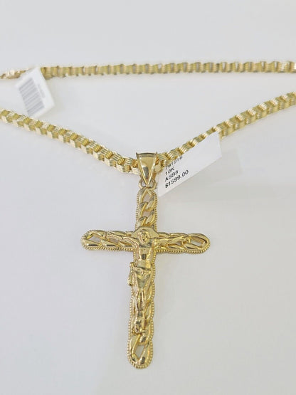 10k Gold Byzantine Box Necklace Jesus Cross Charm 18" - 26" SET Yellow Real - GoldenlinQ