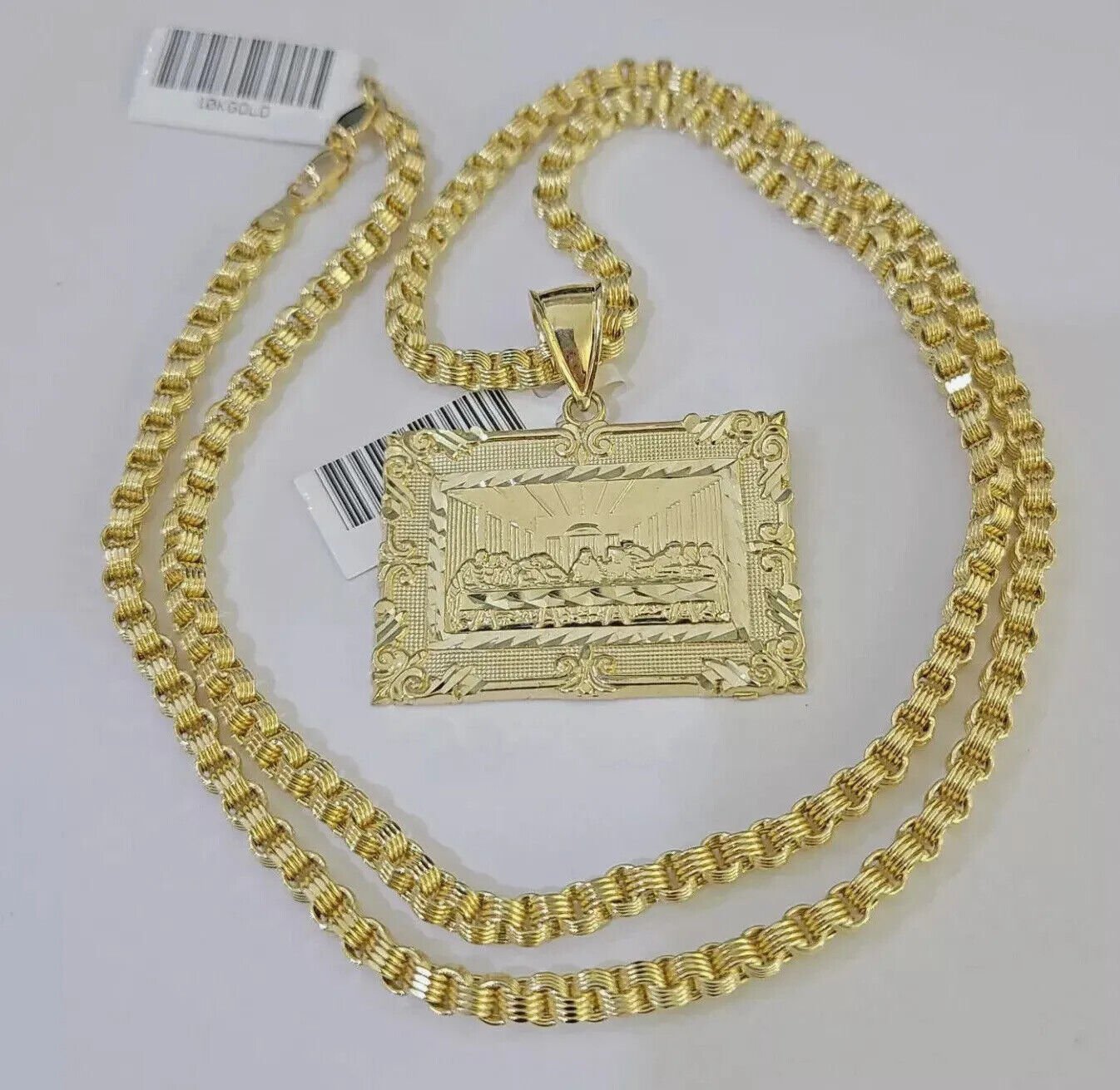 10k Gold Byzantine Chain Necklace Last supper charm Pendant SET REAL 10kt Men's - Reva Jeweler