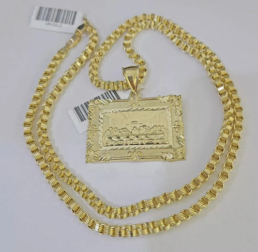 10k Gold Byzantine Chain Necklace Last supper charm Pendant SET REAL 10kt Men's - Reva Jeweler