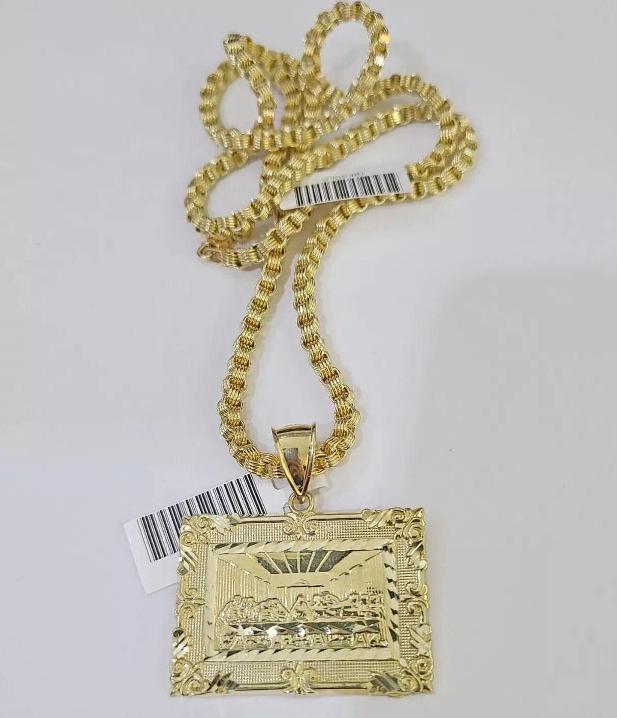 10k Gold Byzantine Chain Necklace Last supper charm Pendant SET REAL 10kt Men's - Reva Jeweler