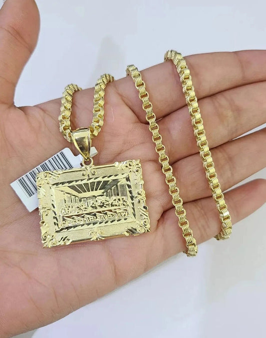 10k Gold Byzantine Chain Necklace Last supper charm Pendant SET REAL 10kt Men's - Reva Jeweler