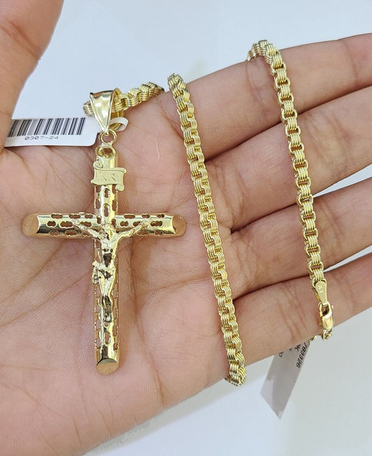 10k Gold Byzantine Necklace INRI Jesus Cross Charm 18 - 26 inches 3mm SET Chain - GoldenlinQ