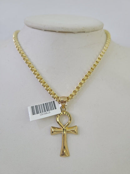 10k Gold Byzantine Necklace Jesus Ankh Cross Charm 18 - 28 inch 3mm SET Chain - GoldenlinQ