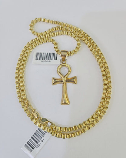 10k Gold Byzantine Necklace Jesus Ankh Cross Charm 18 - 28 inch 3mm SET Chain - GoldenlinQ