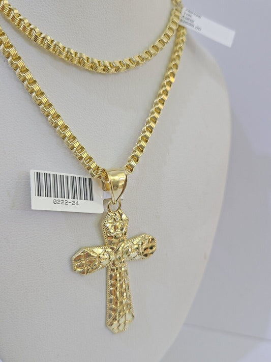 10k Gold Byzantine Necklace Jesus Cross Charm 18 - 26 inches 3mm SET Chain - GoldenlinQ