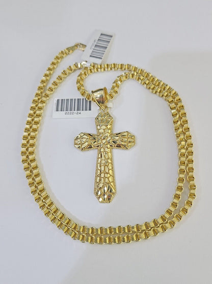 10k Gold Byzantine Necklace Jesus Cross Charm 18 - 26 inches 3mm SET Chain - GoldenlinQ