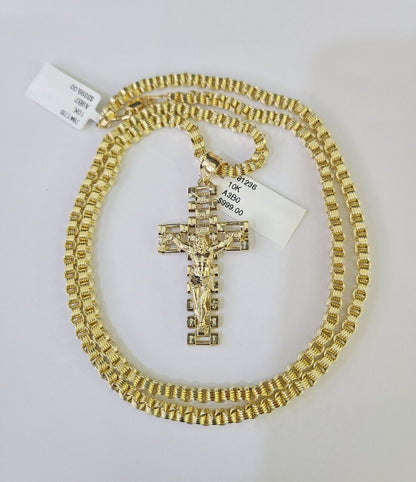 10k Gold Byzantine Necklace Jesus Cross Charm 18 - 28 inch 3mm SET Chain Pendant - GoldenlinQ