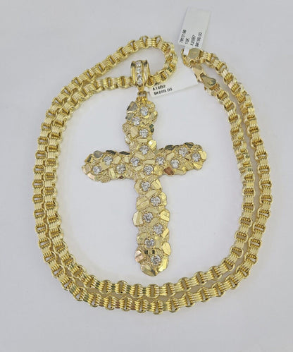 10k Gold Byzantine Necklace Jesus Cross Charm 18 - 30 inches 5mm SET Chain Pendant - GoldenlinQ