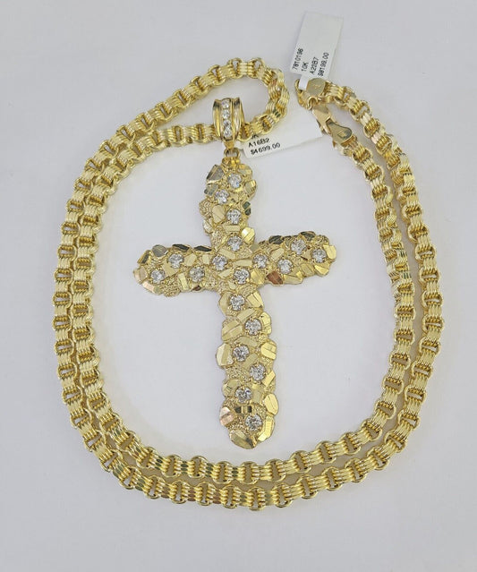 10k Gold Byzantine Necklace Jesus Cross Charm 18 - 30 inches 5mm SET Chain Pendant - GoldenlinQ
