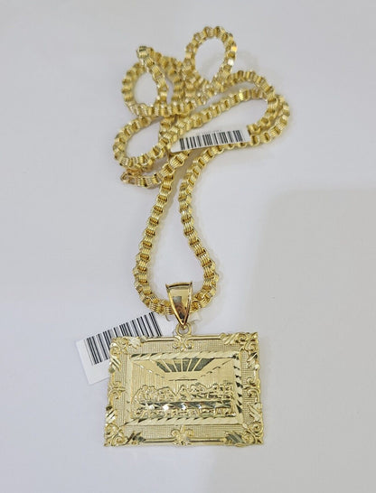 10k Gold Byzantine Necklace Last Supper Charm 18 - 26 inches 3mm REAL SET Chain - GoldenlinQ