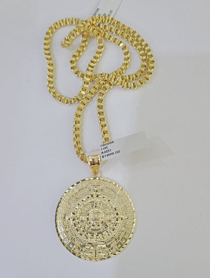 10k Gold Byzantine Necklace Mayan Calendar Charm 18 - 26 inches 3mm SET Chain - GoldenlinQ