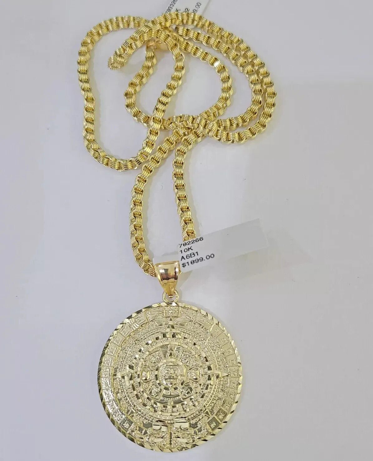 10k Gold Byzantine Necklace Mayan Calendar charm Pendant REAL 10kt Men's SET - Reva Jeweler