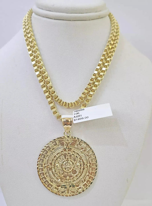 10k Gold Byzantine Necklace Mayan Calendar charm Pendant REAL 10kt Men's SET - Reva Jeweler