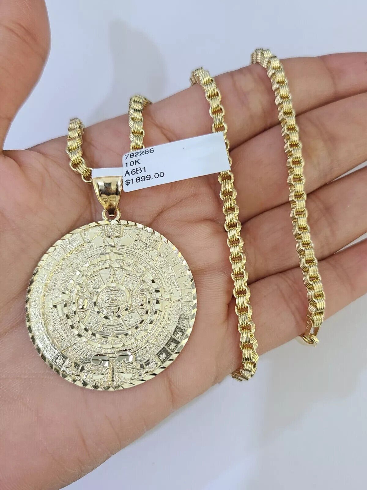 10k Gold Byzantine Necklace Mayan Calendar charm Pendant REAL 10kt Men's SET - Reva Jeweler