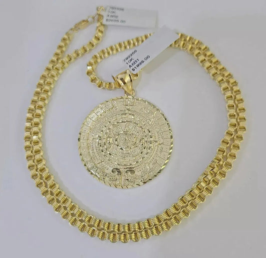 10k Gold Byzantine Necklace Mayan Calendar charm Pendant REAL 10kt Men's SET - Reva Jeweler