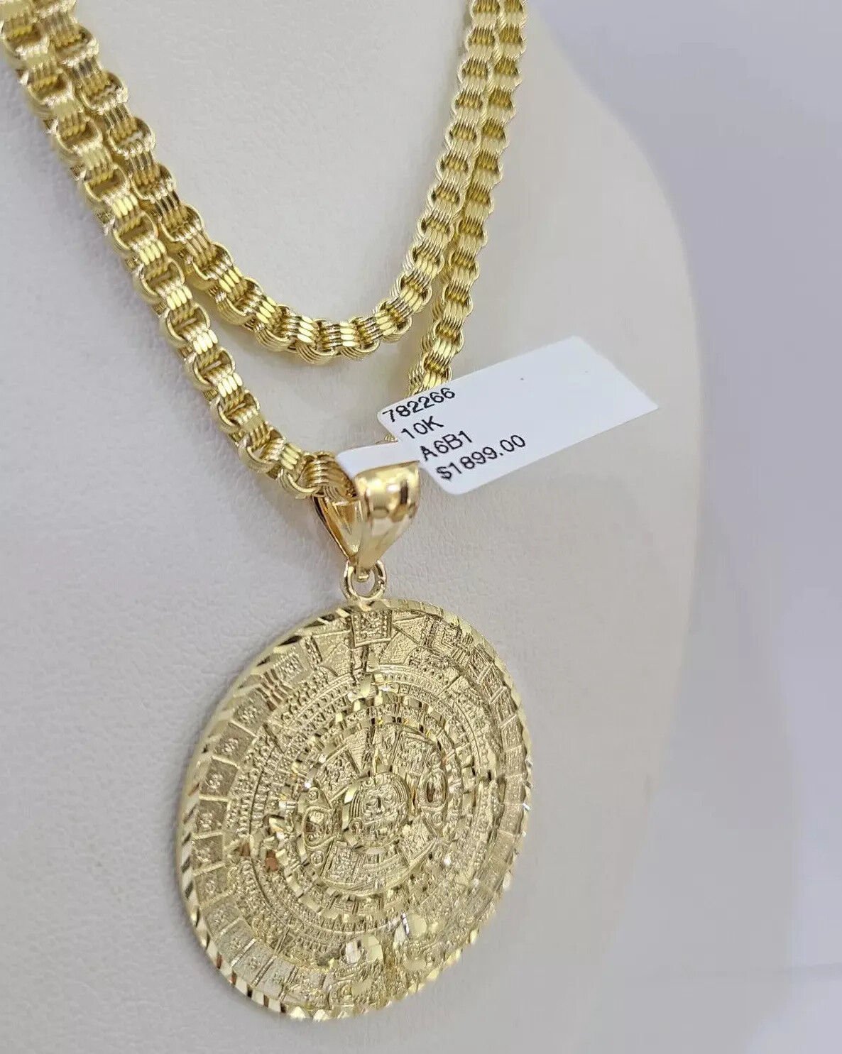 10k Gold Byzantine Necklace Mayan Calendar charm Pendant REAL 10kt Men's SET - Reva Jeweler