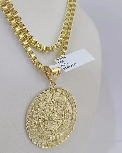 10k Gold Byzantine Necklace Mayan Calendar charm Pendant REAL 10kt Men's SET - Reva Jeweler