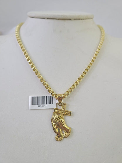 10k Gold Byzantine Necklace Praying Hands Charm 18 - 28 inch 3mm SET Chain Pendant - GoldenlinQ