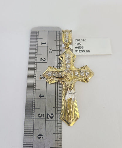 10k Gold Chain Cross Charm Solid Cuban Curb Link 5mm 18" - 28" Inch DiamondCut SET - GoldenlinQ