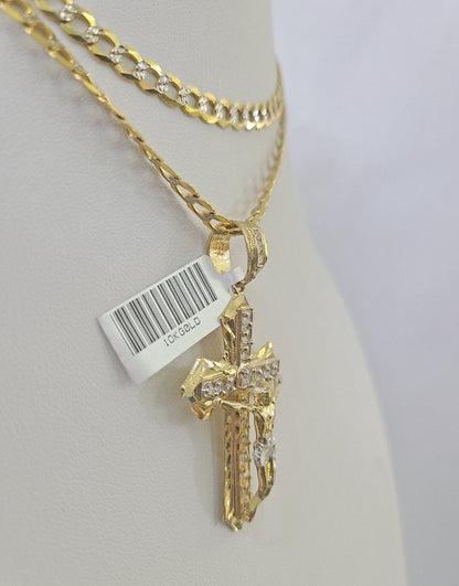 10k Gold Chain Cross Charm Solid Cuban Curb Link 5mm 18" - 28" Inch DiamondCut SET - GoldenlinQ