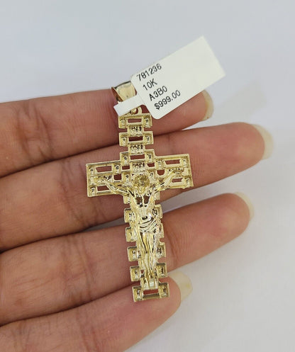 10k Gold Chain Cross Charm Solid Cuban Curb Link 5mm 18" - 28" Inch DiamondCut SET - GoldenlinQ