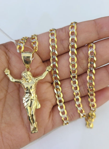 10k Gold Chain Jesus Body Charm Solid Cuban Curb 5mm 18" - 28" Inch SET Necklace - GoldenlinQ