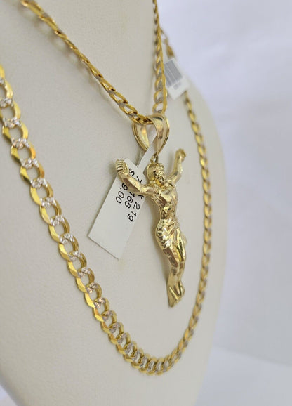 10k Gold Chain Jesus Body Charm Solid Cuban Curb 5mm 18" - 28" Inch SET Necklace - GoldenlinQ
