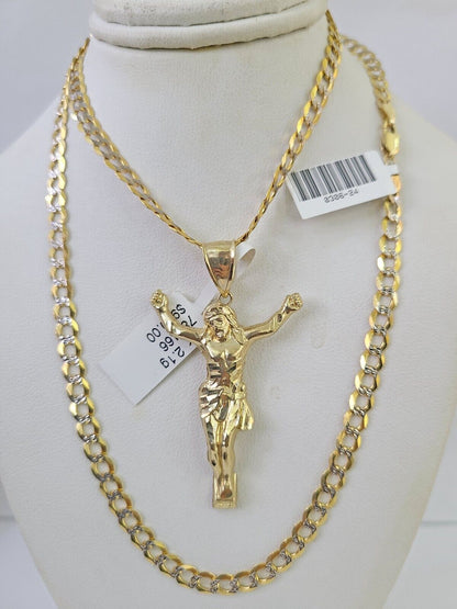 10k Gold Chain Jesus Body Charm Solid Cuban Curb 5mm 18" - 28" Inch SET Necklace - GoldenlinQ
