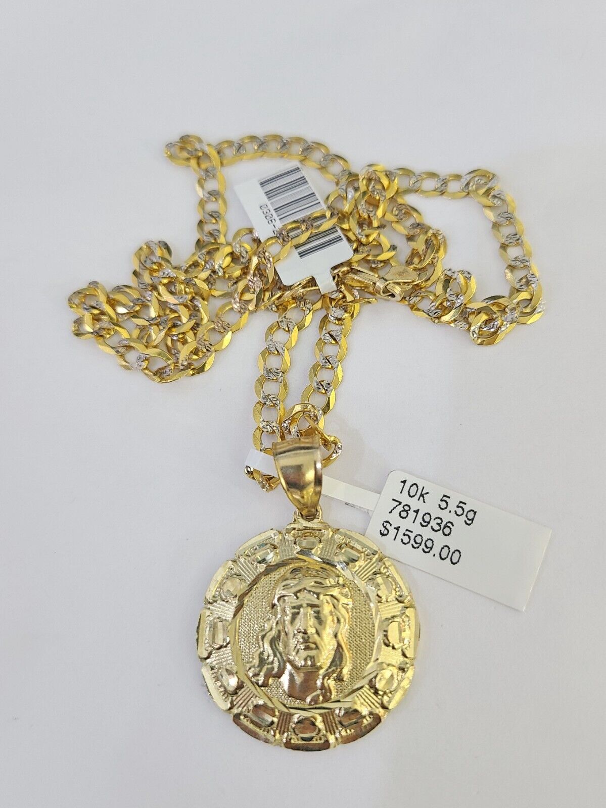 10k Gold Chain Jesus Head Charm Solid Cuban Curb 5mm 18" - 28" Inch SET Necklace - GoldenlinQ