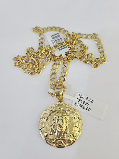 10k Gold Chain Jesus Head Charm Solid Cuban Curb 5mm 18" - 28" Inch SET Necklace - GoldenlinQ