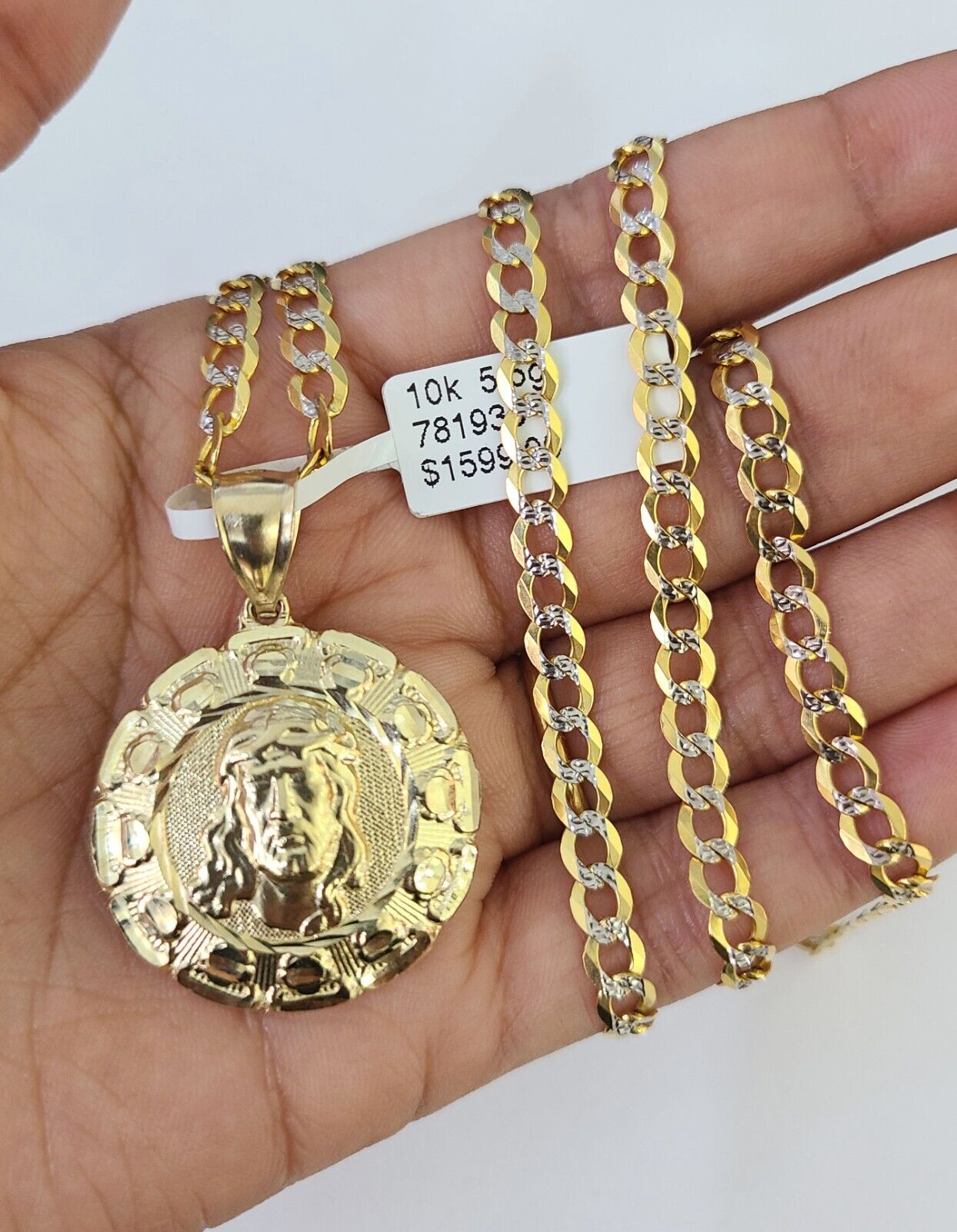 10k Gold Chain Jesus Head Charm Solid Cuban Curb 5mm 18" - 28" Inch SET Necklace - GoldenlinQ