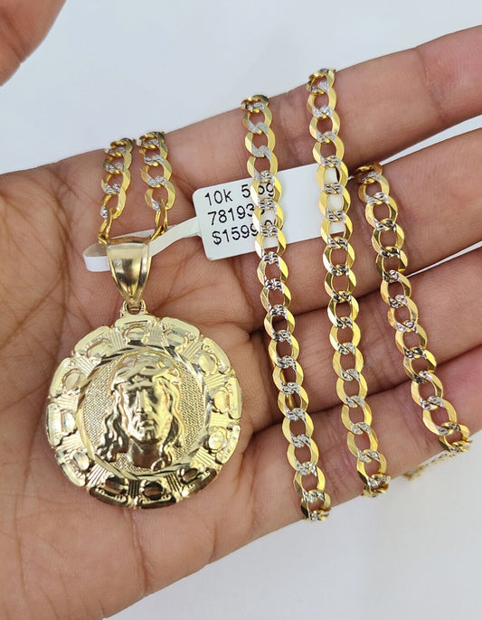 10k Gold Chain Jesus Head Charm Solid Cuban Curb 5mm 18" - 28" Inch SET Necklace - GoldenlinQ