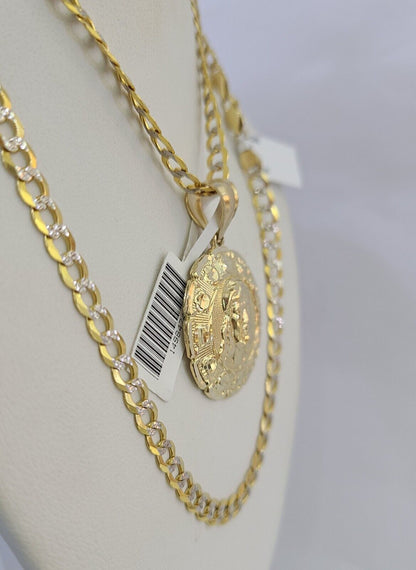 10k Gold Chain Jesus Head Charm Solid Cuban Curb 5mm 18" - 28" Inch SET Necklace - GoldenlinQ