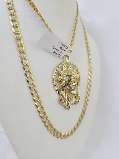 10k Gold Chain Jesus Head Charm Solid Cuban Curb Link 5mm 18" - 28" Inch SET - GoldenlinQ